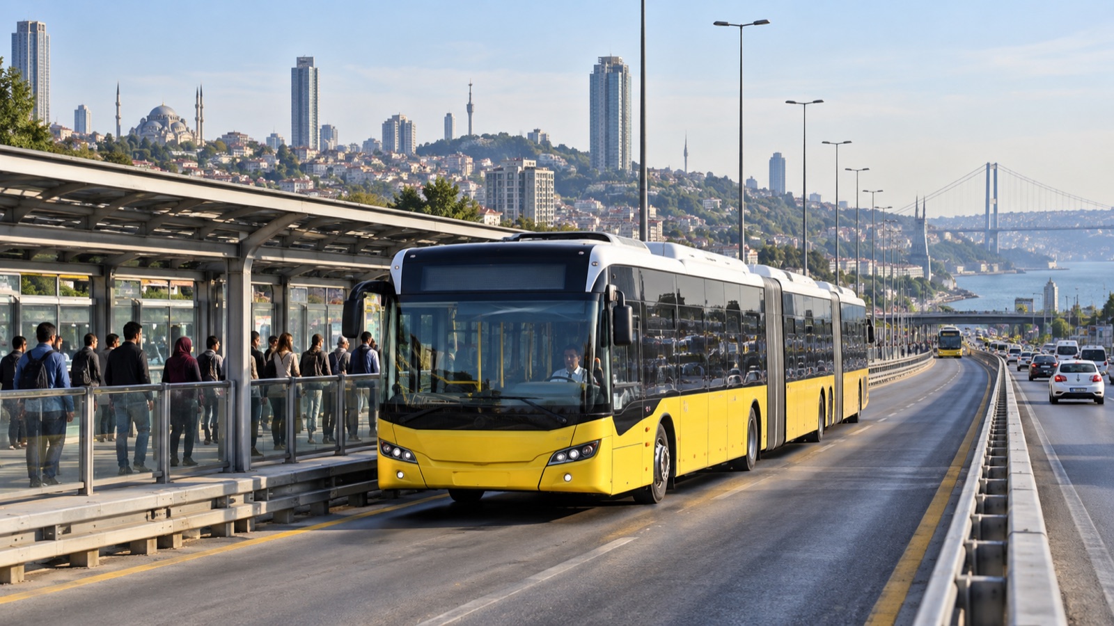 İstanbul Metrobüs hattında durakta bekleyen yolcular ve Metrobüs aracı